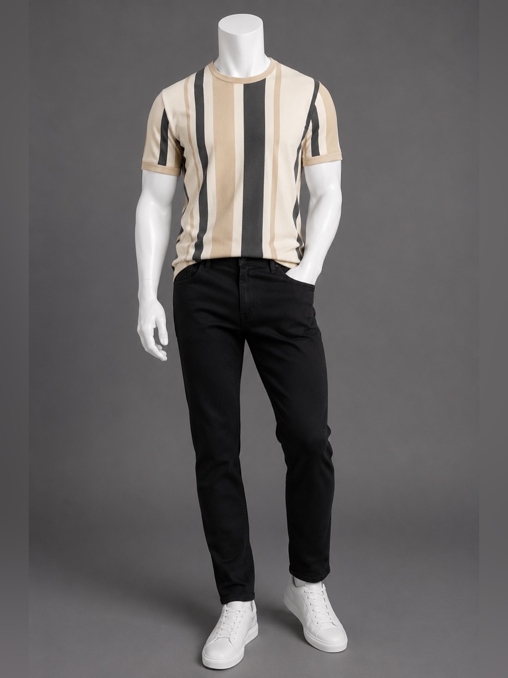 Truth Short Sleeve Vertical Stripe Tee in Ivory, Gray & Tan